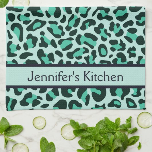 Blauwgroen blauwe luipaard printplaat keukenhanddo theedoek (Gevouwen)
