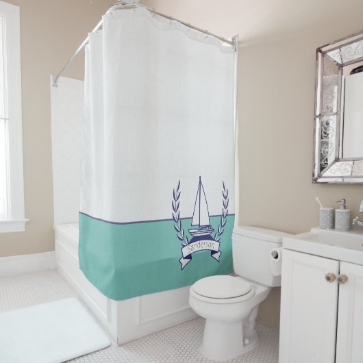 Blauwgroen blauwe marine kustboot Nautical Sailboo Douchegordijn (In situ)