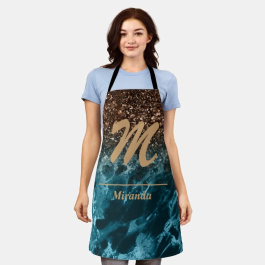 Blauwgroen Blauwe marmer glitter Monogram geperson Schort (Gedragen)