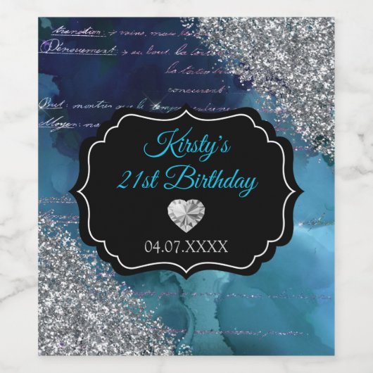 Blauwgroen blauwe mermaïde letters Silver Glitter Wijn Etiket (Enkel label)