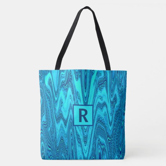 Blauwgroen Blauwe Oceaan Golven Abstract Monogram  Tote Bag (Voorkant)