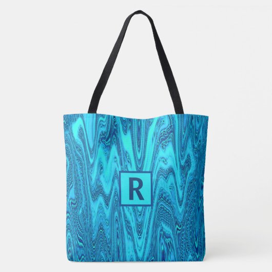 Blauwgroen Blauwe Oceaan Golven Abstract Monogram Tote Bag (Achterkant)