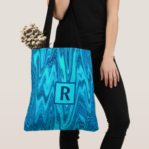 Blauwgroen Blauwe Oceaan Golven Abstract Monogram  Tote Bag