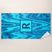 Blauwgroen Blauwe Oceaan Golven Abstracte Monogram Strandlaken (Voorkant)