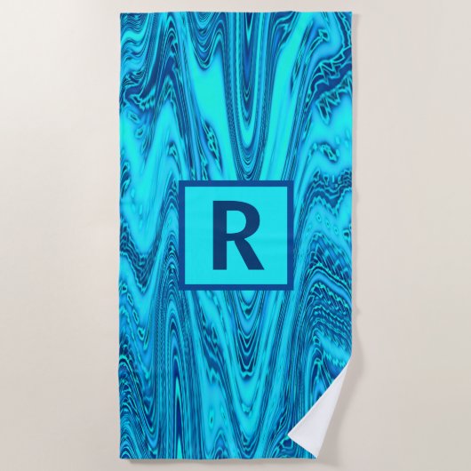 Blauwgroen Blauwe Oceaan Golven Abstracte Monogram Strandlaken (Voorkant)
