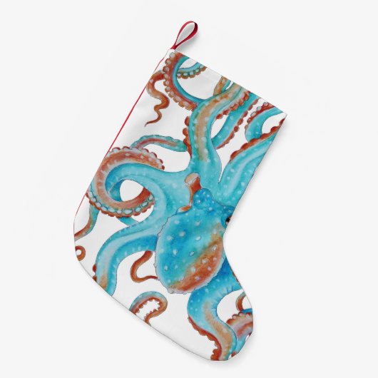 Blauwgroen blauwe octopus Waterverf Kleine Kerstsok (Voorkant (Hangend))