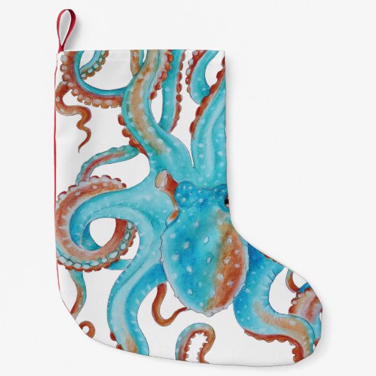 Blauwgroen blauwe octopus Waterverf Kleine Kerstsok (Voorkant)