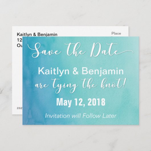 Blauwgroen & Blauwe Ombre Waterverf Bewaar de datu Aankondigingskaart (Voorkant / Achterkant)