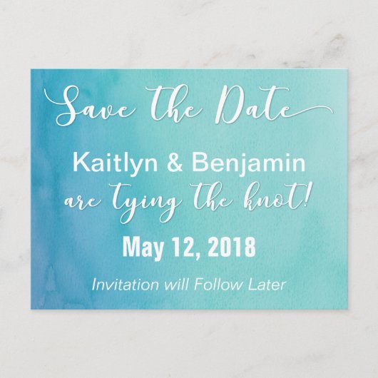 Blauwgroen & Blauwe Ombre Waterverf Bewaar de datu Aankondigingskaart (Voorkant)