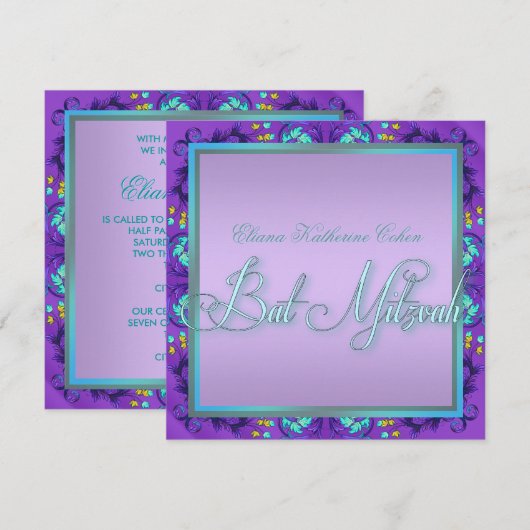 Blauwgroen Blauwe Paarse Bat Mitswa Uitnodigingen (Voorkant / Achterkant)