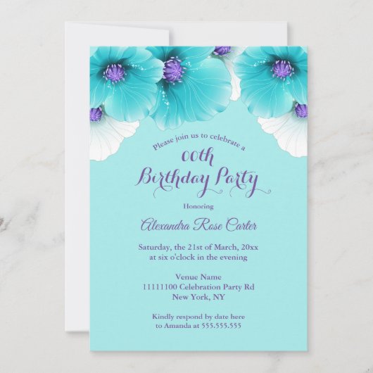 Blauwgroen blauwe Paarse papaver Birthday Party Kaart (Voorkant)