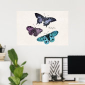  Blauwgroen blauwe Paarse roze vlindertekening Poster (Thuiskantoor)