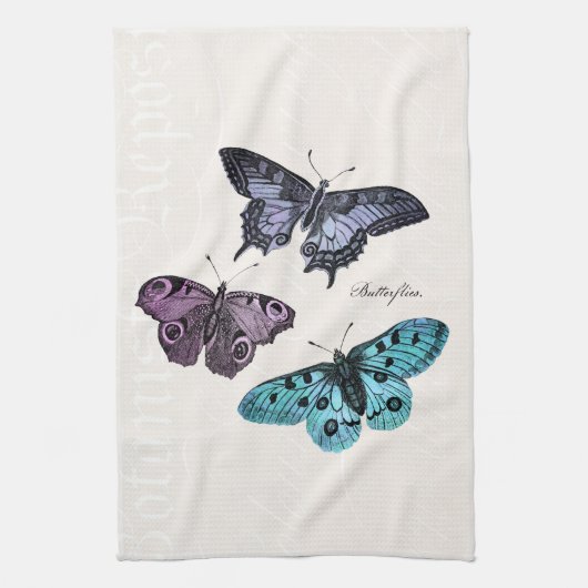  Blauwgroen blauwe Paarse roze vlindertekening Theedoek (Verticaal)