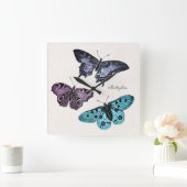  Blauwgroen blauwe Paarse roze vlindertekening Vierkante Klok (Huis)