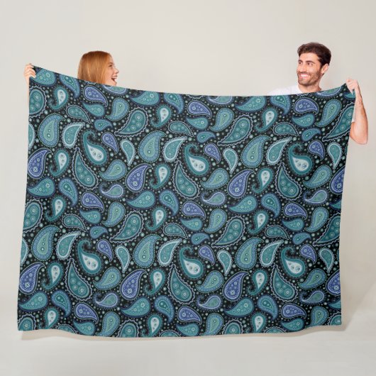 Blauwgroen blauwe paisley Floral Pattern Blanket Fleece Deken (In situ)