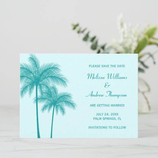 Blauwgroen blauwe palmboom sparen de Datum aankond Save The Date (Staand voorkant)