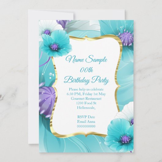 Blauwgroen blauwe papaver Birthday Party Save The Date (Achterkant)