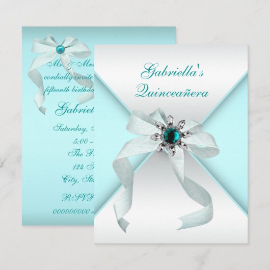 Blauwgroen blauwe quinceanera kaart (Voorkant / Achterkant)