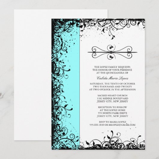 Blauwgroen Blauwe Quinceanera Uitnodigingen (Voorkant / Achterkant)