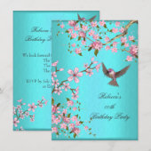 Blauwgroen blauwe roze Cherry Blossom Birthday Par Kaart (Voorkant / Achterkant)