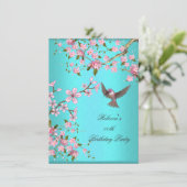 Blauwgroen blauwe roze Cherry Blossom Birthday Par Kaart (Staand voorkant)