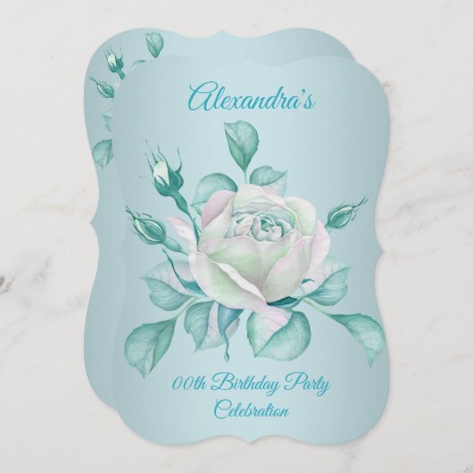 Blauwgroen Blauwe Rozen Birthday Party Uitnodiging (Voorkant / Achterkant)