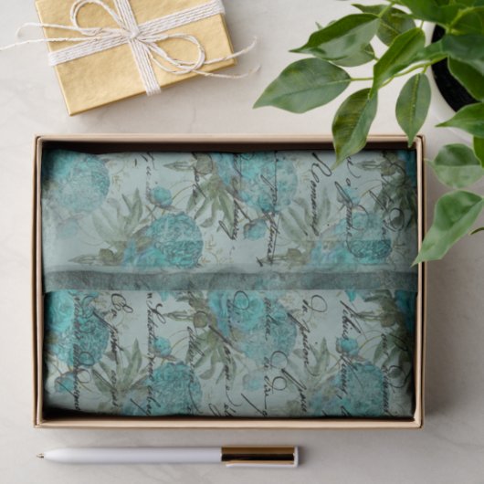 Blauwgroen Blauwe Rozen en Manuscript Tissuepapier (Geschenk)