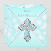 Blauwgroen Blauwe Sparkle Eerste Heilige Communie Kaart (Voorkant / Achterkant)