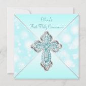 Blauwgroen Blauwe Sparkle Eerste Heilige Communie Kaart (Voorkant)