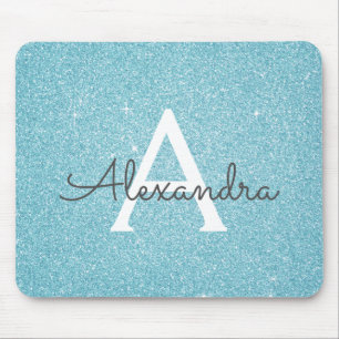 Blauwgroen blauwe sparkle Glitter monogram naam Mo Muismat