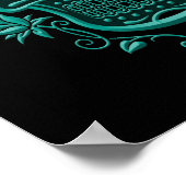 Blauwgroen blauwe suikerschedel met Rozen op zwart Poster (Hoek)