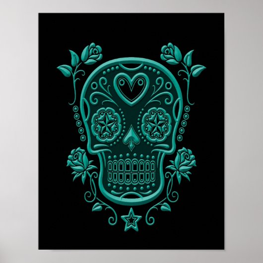 Blauwgroen blauwe suikerschedel met Rozen op zwart Poster (Voorkant)