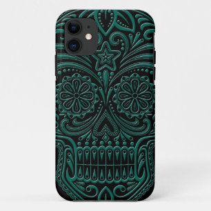 Blauwgroen blauwe suikerschedel op zwart iPhone 11 hoesje