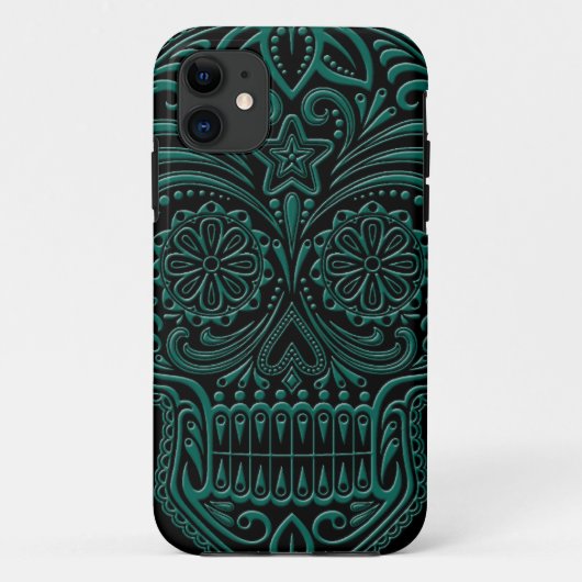 Blauwgroen blauwe suikerschedel op zwart Case-Mate iPhone case (Achterkant)
