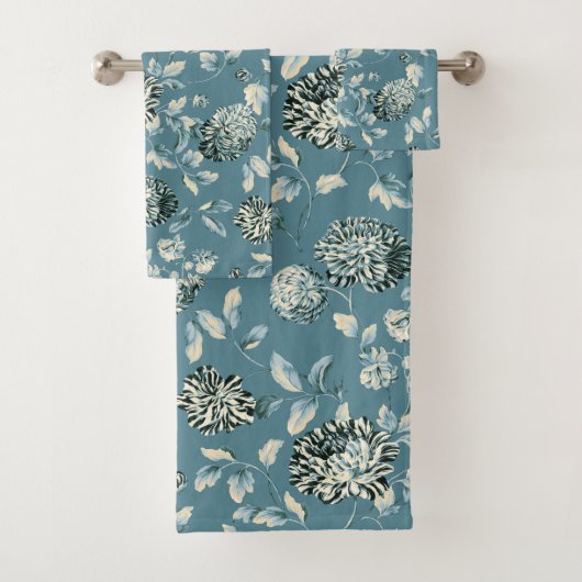 Blauwgroen Blauwe Tansy Modern  Floral Toile Bad Handdoek (Insitu)