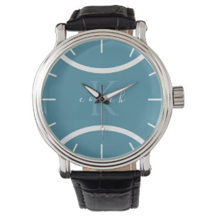 Blauwgroen blauwe tennis-bal en Initiaal monogramc Horloge