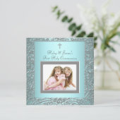 Blauwgroen Blauwe Tweeling Foto Eerste Communie Kaart (Staand voorkant)