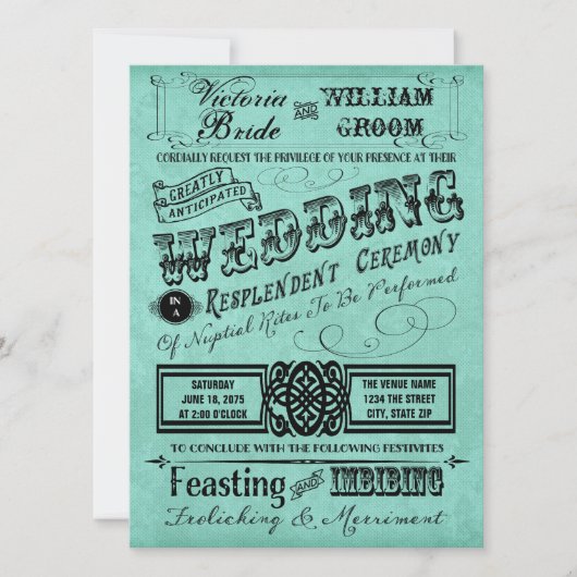 Blauwgroen Blauwe  Typografie Wedding Kaart (Voorkant)