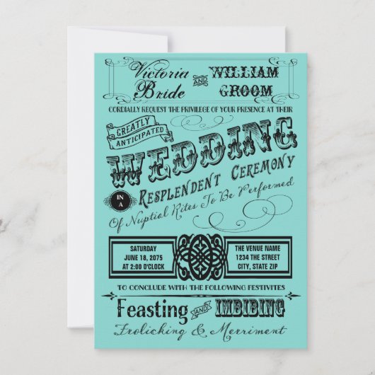 Blauwgroen Blauwe  Typografie Wedding Kaart (Voorkant)