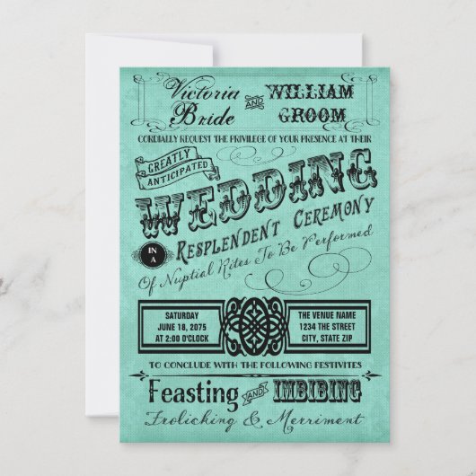 Blauwgroen Blauwe  Typografie Wedding Kaart (Voorkant)