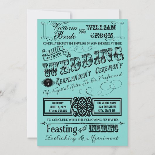 Blauwgroen Blauwe  Typografie Wedding Kaart (Voorkant)