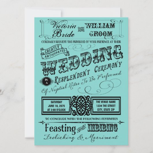 Blauwgroen Blauwe  Typografie Wedding Kaart (Voorkant)