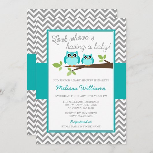 Blauwgroen Blauwe Uil Grijs Chevron Boy Baby showe Kaart (Voorkant / Achterkant)