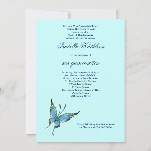 Blauwgroen Blauwe Vlinder Quinceanera 15e verjaard Kaart (Achterkant)