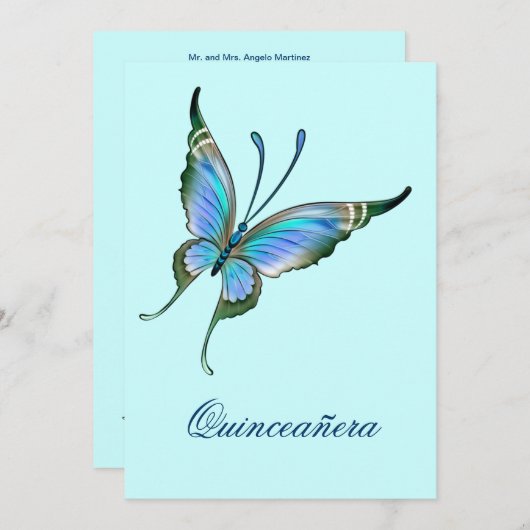 Blauwgroen Blauwe Vlinder Quinceanera 15e verjaard Kaart (Voorkant / Achterkant)