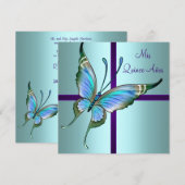 Blauwgroen Blauwe Vlinder Quinceanera Kaart (Voorkant / Achterkant)