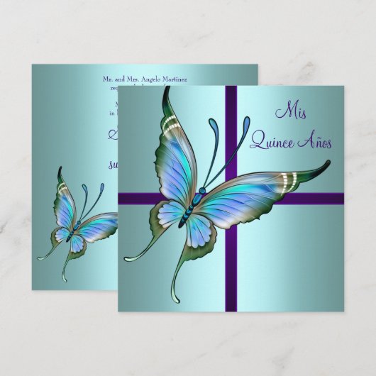 Blauwgroen Blauwe Vlinder Quinceanera Kaart (Voorkant / Achterkant)