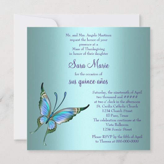 Blauwgroen Blauwe Vlinder Quinceanera Kaart (Achterkant)
