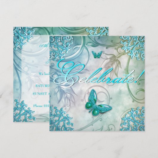 Blauwgroen blauwe vlinderbloemendag vieren kaart (Voorkant / Achterkant)