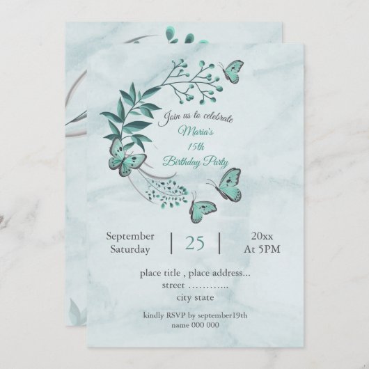 blauwgroen blauwe vlinders botanicals verjaardagsf kaart (Voorkant / Achterkant)